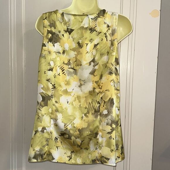 Anne Klein chartreuse green watercolor sleeveless ruffle neck polyester blouse - Picture 6 of 8